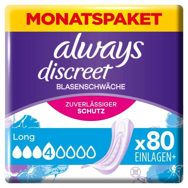 Always® Always Discreet Inkontinenz-Einlagen Long Bei Blasenschwäche Monatspaket 3 Always® Always Discreet Inkontinenz-Einlagen Long Bei Blasenschwäche Monatspaket
