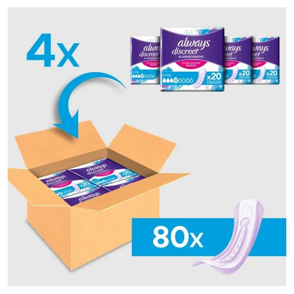 Always® Always Discreet Inkontinenz-Einlagen Long Bei Blasenschwäche Monatspaket 4 Always® Always Discreet Inkontinenz-Einlagen Long Bei Blasenschwäche Monatspaket – Bild 2